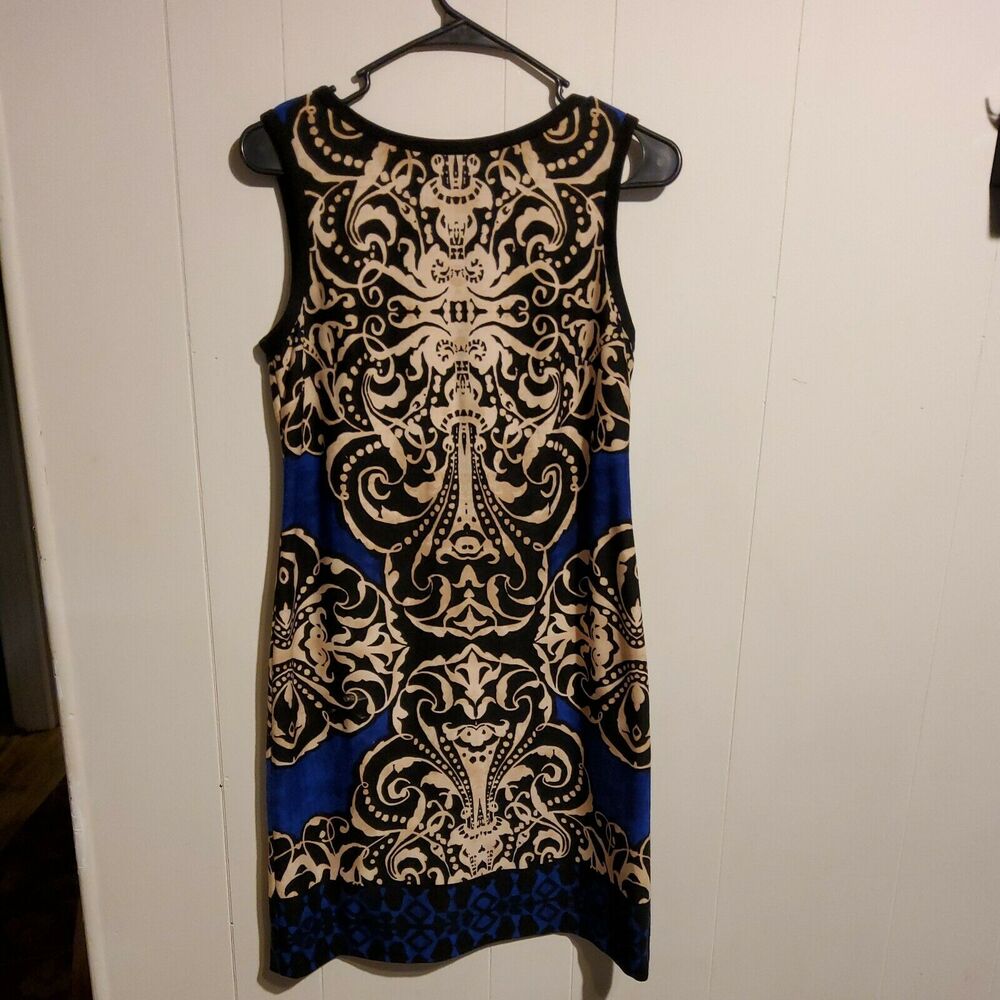 DONNA MORGAN WOMENS BLACK, TAN & BLUE SWIRL PATTERN DRESS SZ 4